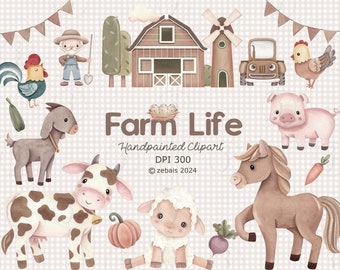 Puede incluir: Conjunto de clipart de acuarela pintado a mano con animales de granja, una granja, un camión, un gallo, un molino de viento, una calabaza, una zanahoria, una remolacha y el texto "Farm Life".