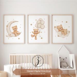 Set of 3 Hand painted Teddy bear nursery, Wall art print, Bear nursery Décor, Bear ,Moon, Balloon Nursery,  Kids Décor Baby neutral print