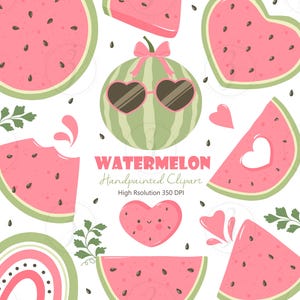 May include: A collection of hand-painted watermelon-themed clipart. The image features various watermelon slices, a whole watermelon with heart-shaped sunglasses, and a heart-shaped watermelon. The text "WATERMELON Handpainted Clipart" is also included.