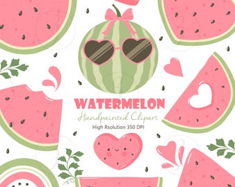 Kawaii Summer Fruit PNG, Hand painted Watermelon Heart & Slice Illustrations, Pink and Red Watermelon Clipart Set