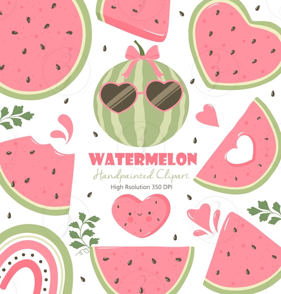 Kawaii Summer Fruit PNG, Hand painted Watermelon Heart & Slice Illustrations, Pink and Red Watermelon Clipart Set