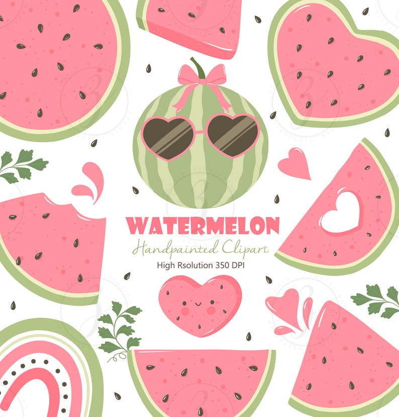 May include: A collection of hand-painted watermelon-themed clipart. The image features various watermelon slices, a whole watermelon with heart-shaped sunglasses, and a heart-shaped watermelon. The text "WATERMELON Handpainted Clipart" is also included.