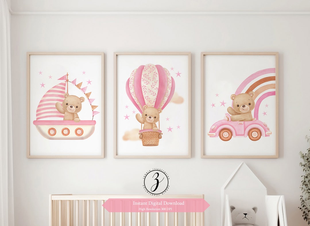 Set of 3 Pink Teddy Bear Print, Bear Nursery Decor, Pink Nursery Poster ...