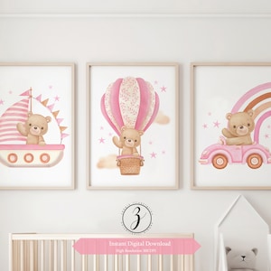 Pink Teddy Bear Nursery Prints: Watercolor Baby Girl Decor (Digital Download)