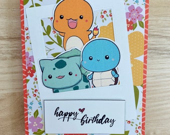 Polaroid Charmander, Bulbasaur, Squirtle Starter Pokemon Handmade Birthday Card - Blank Card, Valentine, Anniversary, Missing You, Bestie