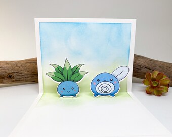 Oddish and Poliwag Handmade Popup Card - Pokemon, Birthday, Blank Card, Valentine, Birthday, Anniversary, Missing You, Pop Up, Best Friend