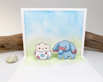 Togepi and Phanpy Handmade Popup Card - Pokemon, Birthday, Blank Card, Valentine, Birthday, Anniversary, Missing You, Pop Up, Best Friend