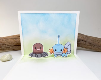 Diglett and Mudkip Handmade Popup Card - Pokemon, Birthday, Blank Card, Valentine, Birthday, Anniversary, Missing You, Pop Up, Best Friend