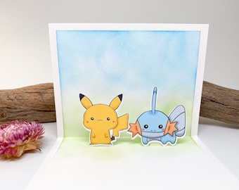 Pikachu and Mudkip Handmade Popup Card - Pokemon, Birthday, Blank Card, Valentine, Birthday, Anniversary, Missing You, Pop Up, Best Friend
