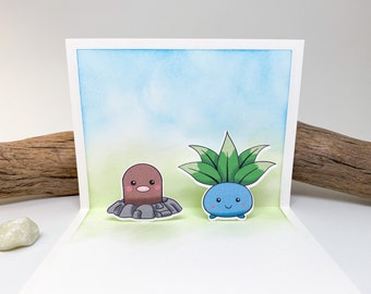 Diglett and Oddish Handmade Popup Card - Pokemon, Birthday, Blank Card, Valentine, Birthday, Anniversary, Missing You, Pop Up, Best Friend