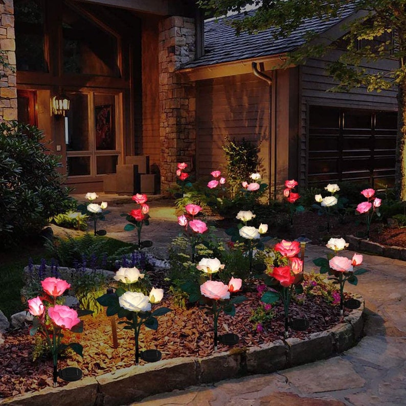 2 Pack of Solar Garden Flowers Rose Solar Lights Solar Etsy