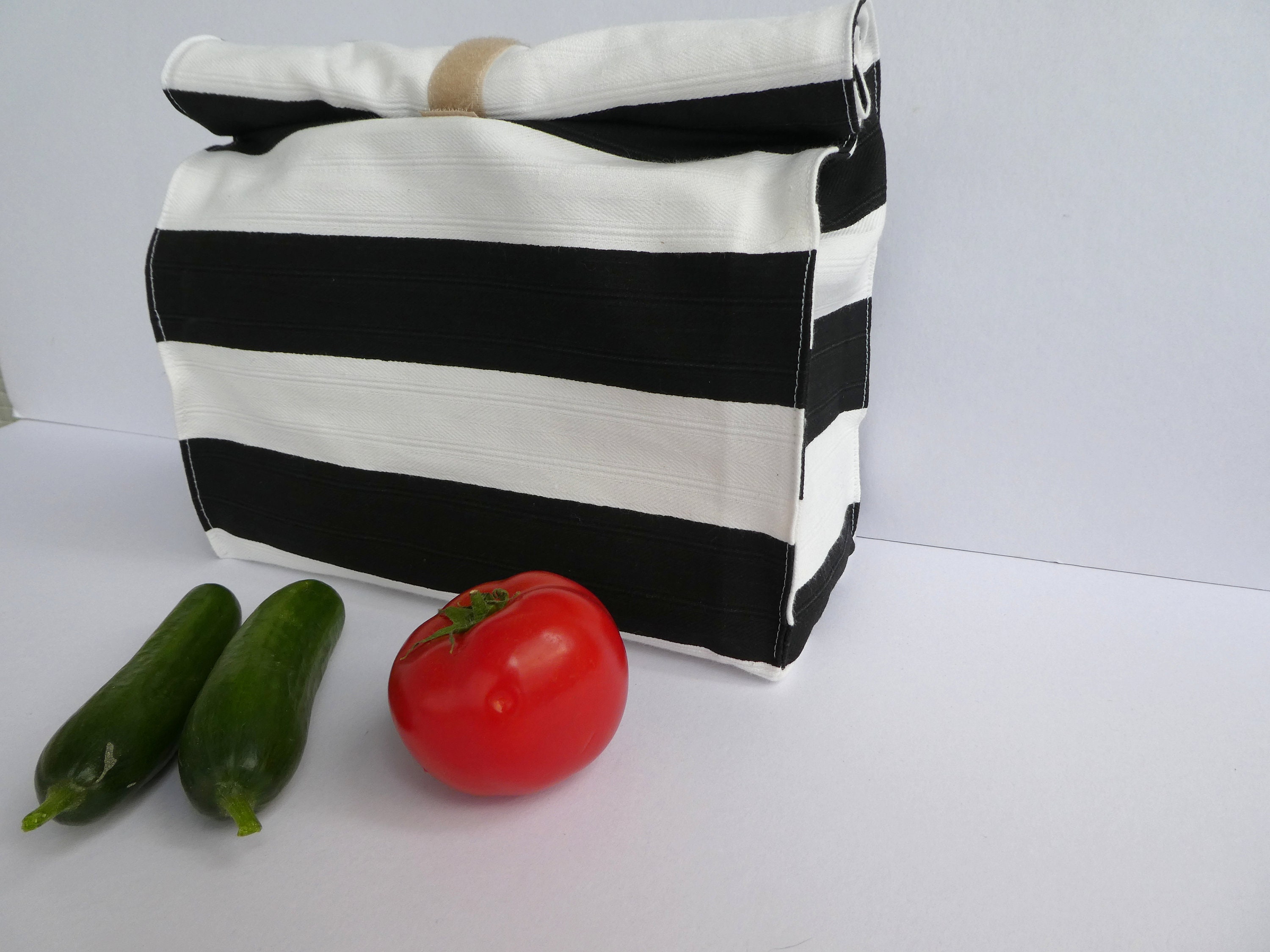 black and white striped lunch box