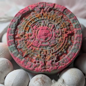 May include: A circular, flat object featuring a detailed, embossed Aztec calendar design in shades of vibrant pink, orange, and muted gray. The surface has a textured, matte appearance with intricate carvings of symbols and a central face motif.