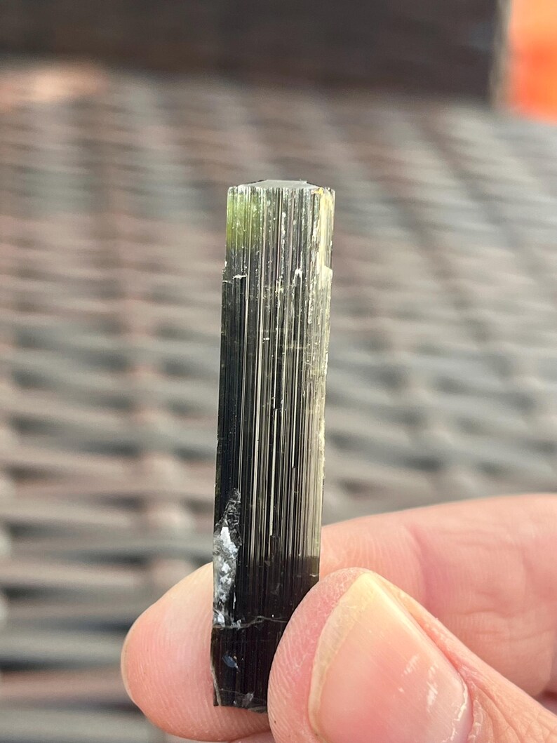 May include: A dark green and black tourmaline crystal with vertical striations. The crystal has a rectangular shape and a slightly rough texture. The top of the crystal is a lighter green color.