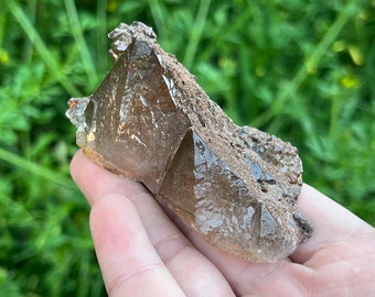 May include: A cluster of smoky quartz crystals, dark brown in colour, with a rough, textured surface. The crystals are held in a hand against a blurred green background.