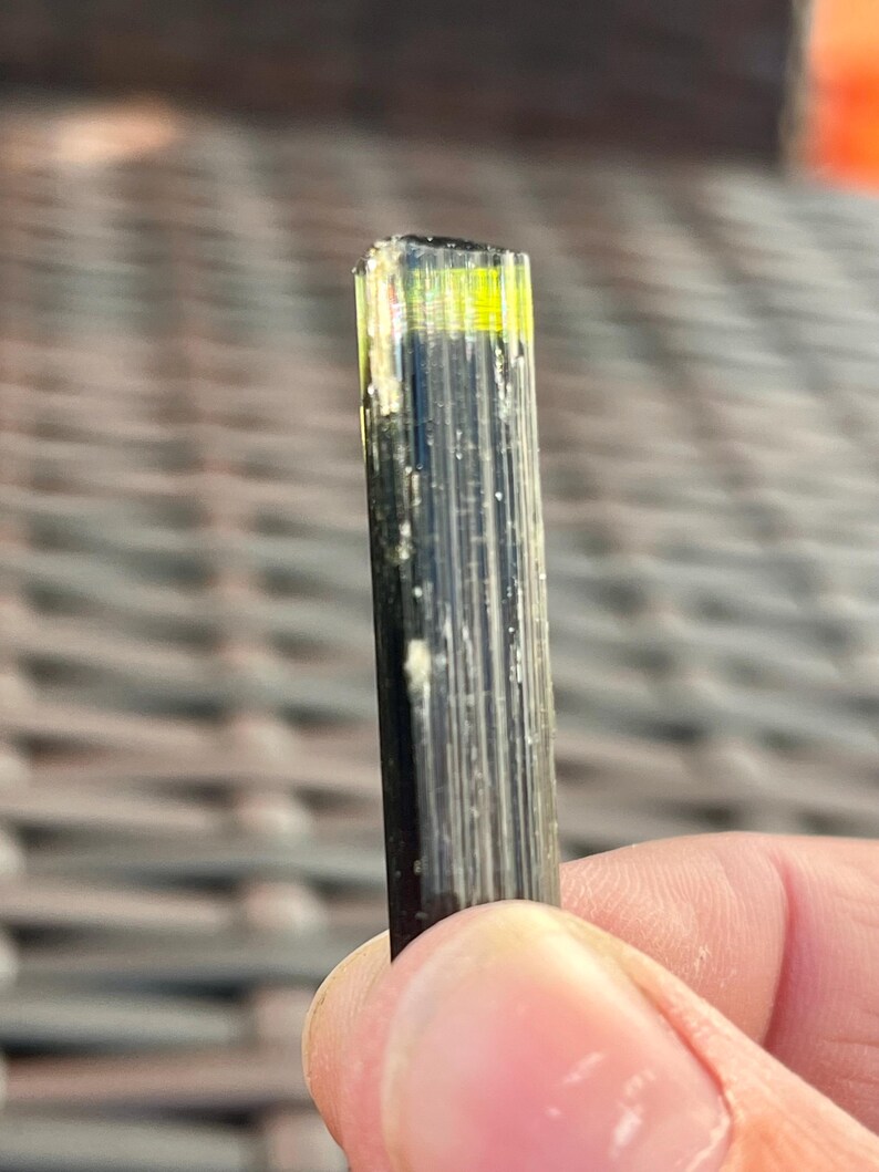 May include: A close-up of a tourmaline crystal. The crystal is a dark, almost black color with a bright yellow and green top. The crystal is held in a person's hand.
