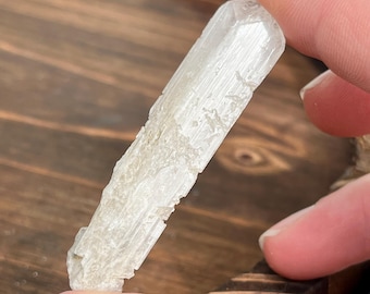 May include: A white selenite crystal with a striated texture. The crystal is long and thin, with a pointed end.