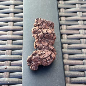 May include: A dark brown, irregularly shaped rock with a rough, textured surface. The rock is positioned on a dark gray surface, with a woven pattern visible in the background. The rock's color is a deep reddish-brown.