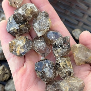 May include: A handful of raw, smoky quartz crystals. The crystals vary in size and shape, with a range of translucent to opaque, brown and gray tones. Some have visible facets and natural formations, reflecting light.