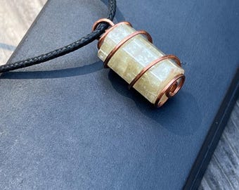 Raw Yellow-Green Apatite Crystal Pendant: Copper Wire Wrapped Necklace