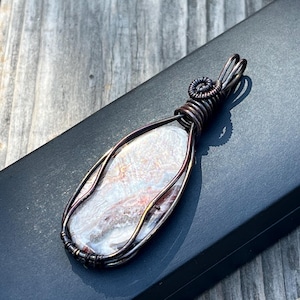 Handmade Crazy Lace Agate Pendant: Antique Copper Wire Wrapped Crystal Necklace