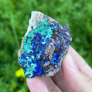 Raw Azurite Malachite Crystal on Matrix from Sidi Ayed, Morocco | Sparkling Blue Azurite,  Green Velvet, & Quartz Malachite Mineral Specimen