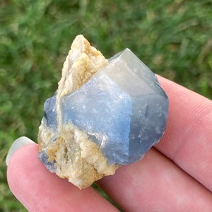 Large Terminated Deep Blue Celestite Crystal with Calcite Sparkles, Matrix, Natural Blue Celestine, Raw Celestite Specimen Afghanistan
