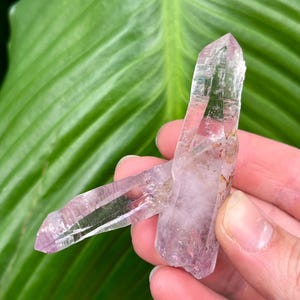 May include: Two clear quartz crystals with a light purple hue. The crystals are double terminated and have a natural, raw appearance.
