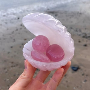 Puede incluir: Un plato tallado en forma de concha de color rosa claro contiene tres esferas de cuarzo rosa y una piedra de cuarzo rosa ovalada. Los objetos son de un rosa más oscuro que el plato. El fondo es una playa borrosa.