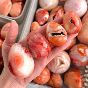 Puede incluir: Colección de piedras preciosas pulidas en forma de huevo, en tonos naranja, rojo y blanco. Algunas piedras muestran patrones internos y cavidades. Las piedras se exhiben en un recipiente de plástico gris y en una mano.