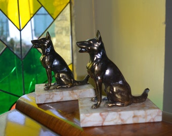 French Art Deco Spelter dog statues on marble base bookends