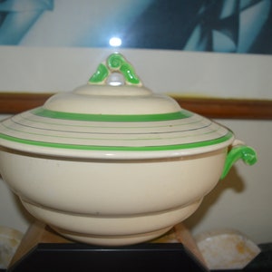 Vintage 1930s  ceramic tureen with lid-green & cream