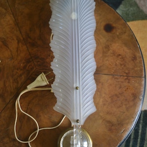 May include: A wall-mounted lamp featuring a long, frosted glass shade shaped like a large feather with ribbed textures. The shade is secured by small brass-colored metal studs to a clear acrylic bracket attached to a circular brass-colored base.