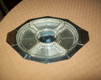 French Art Deco Aperitif nibbles glass containers with chrome tray