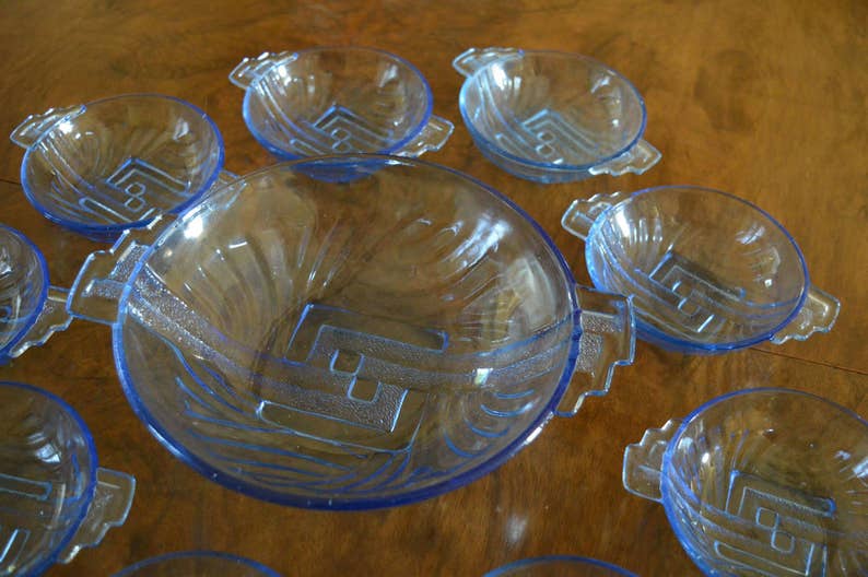 Art Deco Stolle niemen Blue glass large dessert bowl & a set Etsy