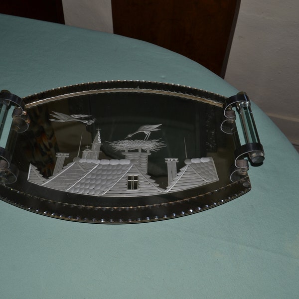 1930s French Art Deco glass top cocktail  liquer serving tray