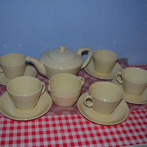 Peut inclure: Service à thé crème composé d'une théière, d'un pot à crème, de six tasses et de soucoupes. L'ensemble est disposé sur une nappe à carreaux rouges et blancs, avec un fond bleu. Service à thé classique.