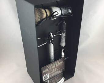 Handmade Retro Shaving Set Guinness Style, Hand Turned Black and White acrylic Chrome Shave Set, Fathers Day Gift, Birthday for Dad, Mach 3