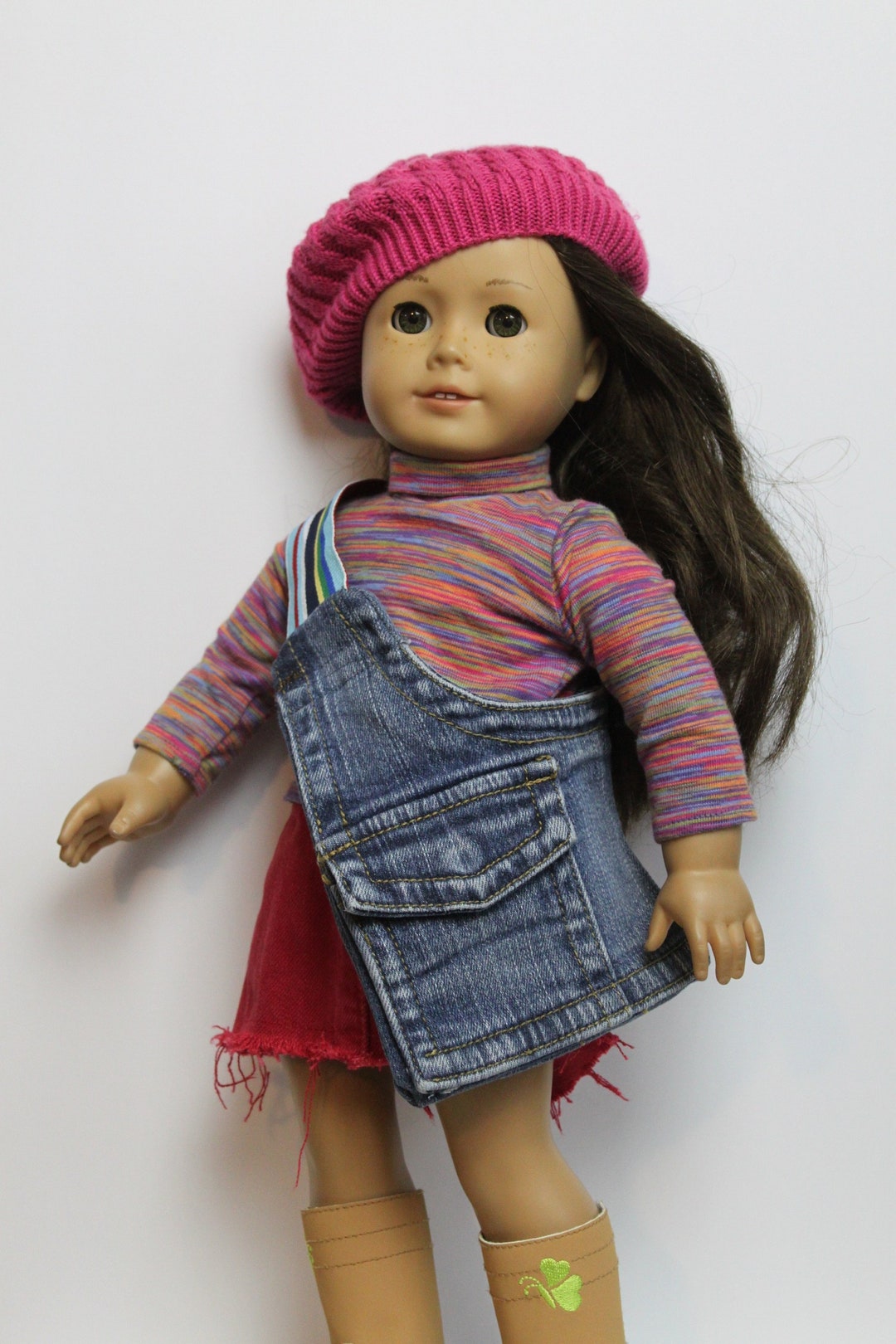 Denim Bag for 18 Inch Doll Upcycled Jean Pocket and Rainbow Strap