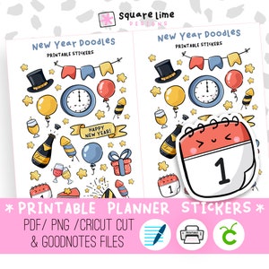 Nouvel an Doodles autocollants imprimables - autocollants numériques - fichiers PNG, Cricut et GoodNotes