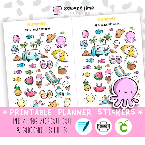 Summer Themed Doodles Printable Stickers - Digital Stickers - PNG, Cricut and GoodNotes Files