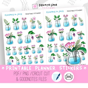 Flowers in Mason Jars Printable Stickers - Digital Stickers - PNG, Cricut and GoodNotes Files