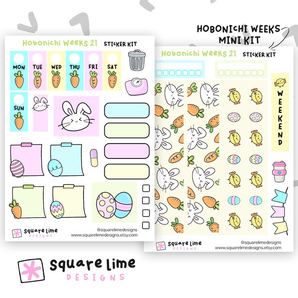 Lapin et Pâques sur le sujet Hobonichi Weeks Sticker Kit #21 (2 feuilles autocollantes) - Planner et Hobonichi Stickers