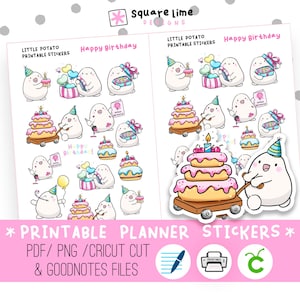 Happy Birthday Themed Printable Stickers featuring Little Potato, Birthday Cake, Digital Character Stickers, PNG, Cricut and GoodNotes Files