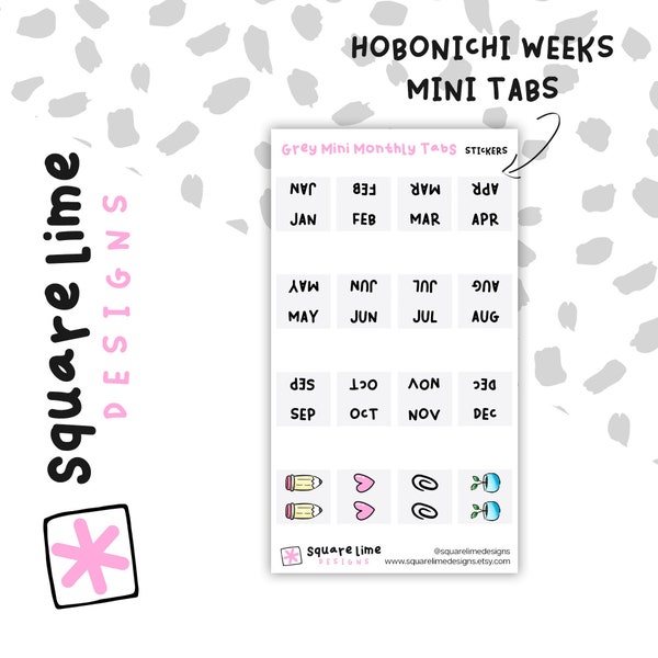 GREY Mini Hobonichi Monthly Tab Stickers - Functional Monthly Divider Tabs - Hobonichi Cousin and Hobonichi Weeks Planner Stickers