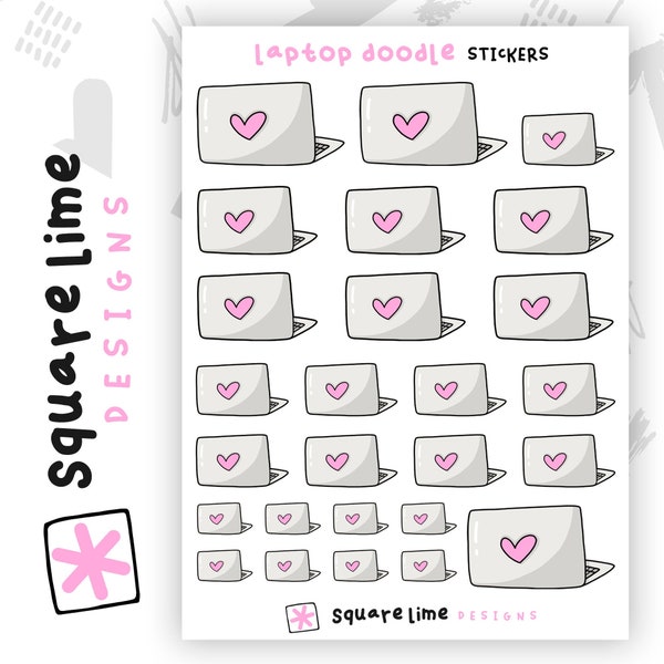 Laptop Doodle Stickers - Planner + Diary Stickers - Bullet Journal Stickers - Square Lime Designs - Computer - MacBook - Work Stickers