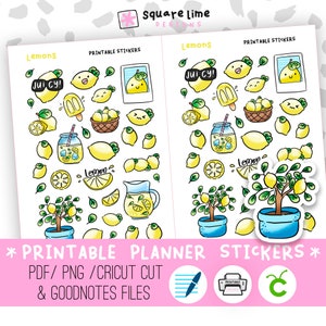 Pegatinas imprimibles de limones, limones amarillos, limonada fresca, fruta jugosa, menta, bebida refrescante, archivos JPG, PNG, Cricut y GoodNotes.