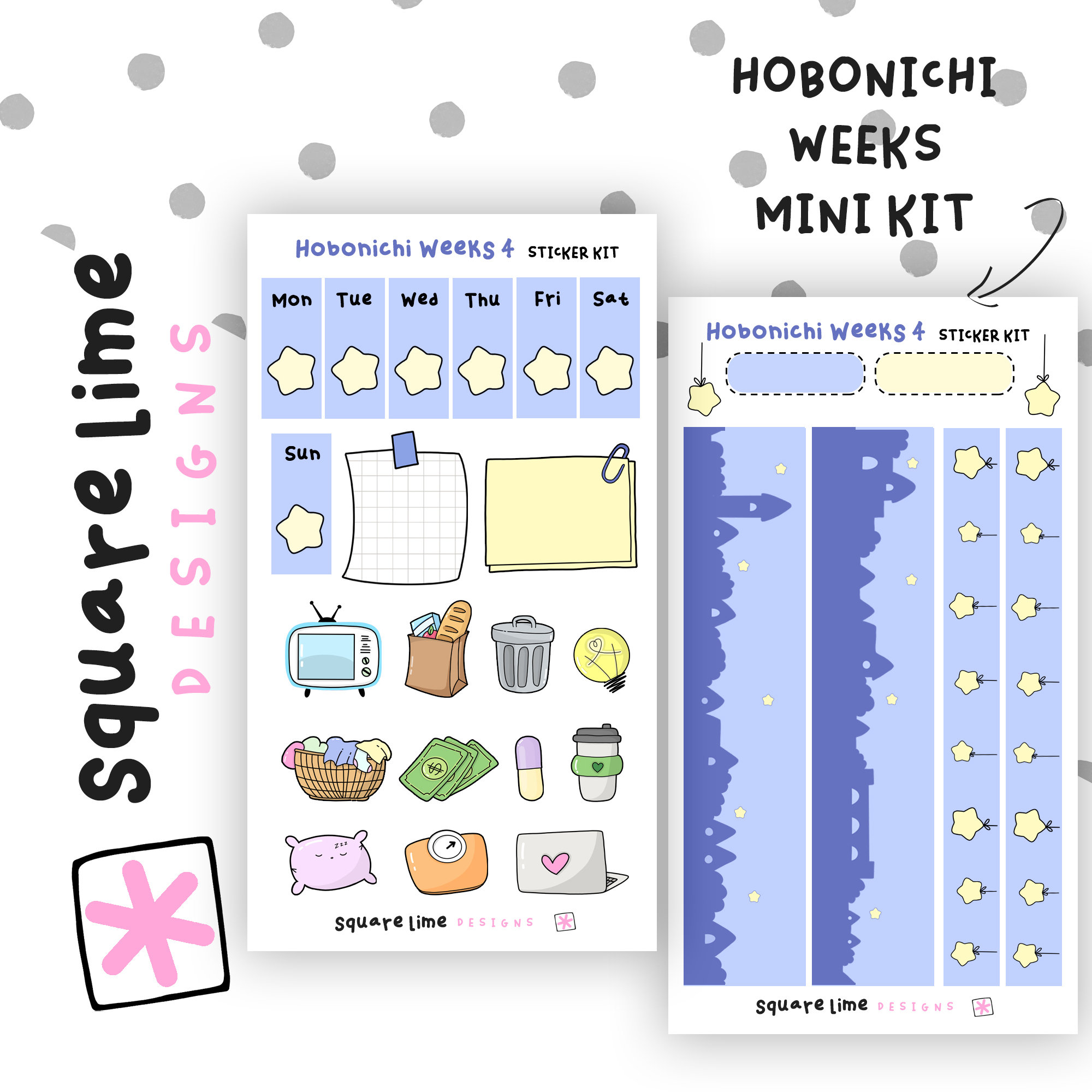 Hobonichi Weeks Weekly Sticker Kit 5 Clouds Doodles Blue Mini Notes Hobonichi  Stickers Square Lime Designs 2 Sheets 