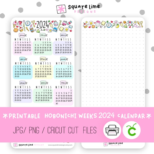 2024 Printable Calendar Sticker Page for your Hobonichi Weeks planner (2 Sticker Sheets) - Digital Stickers - JPG, PNG and Cricut Files