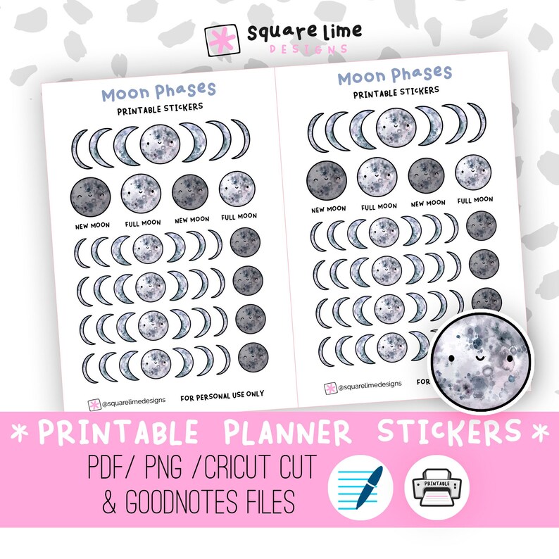 Kawaii Moon Phases Printable Planner Stickers Cricut Files - Etsy